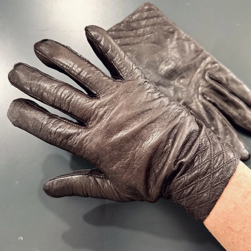 Vintage Fownes Women's Brown Leather Gloves Casual Fashion Driving Glove Lined 7